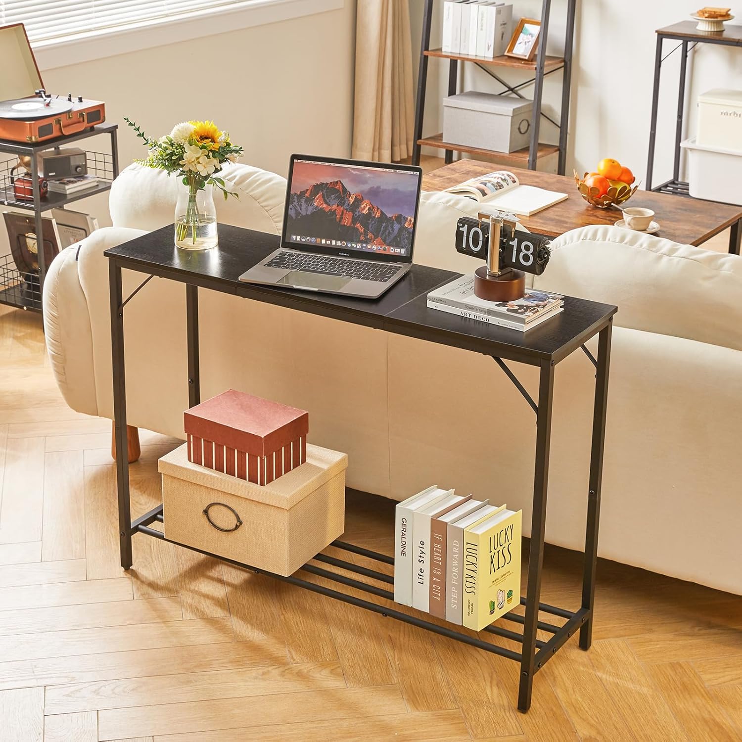 slim black console table